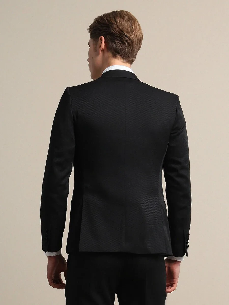 Siyah Düz Slim Fit Kruvaze Yaka Dokuma Smokin Takım Elbise - 5