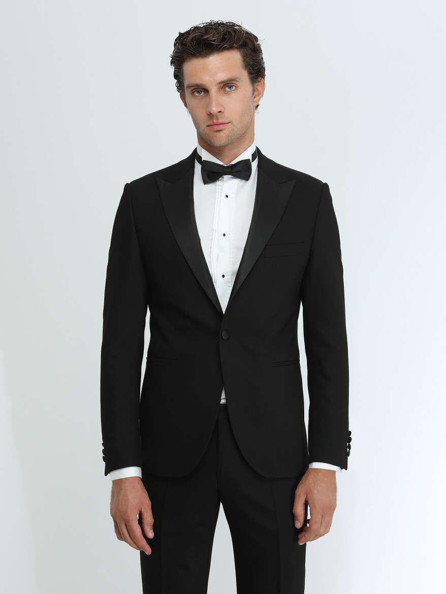 Siyah Düz Slim Fit Kruvaze Yaka Dokuma Smokin Takım Elbise - KİP