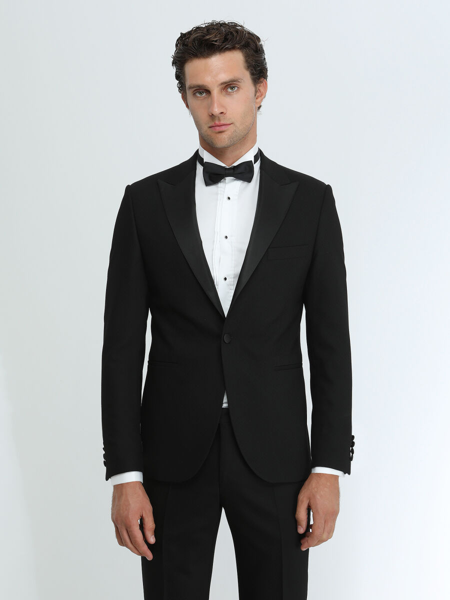 Siyah Düz Slim Fit Kruvaze Yaka Dokuma Smokin Takım Elbise - 1