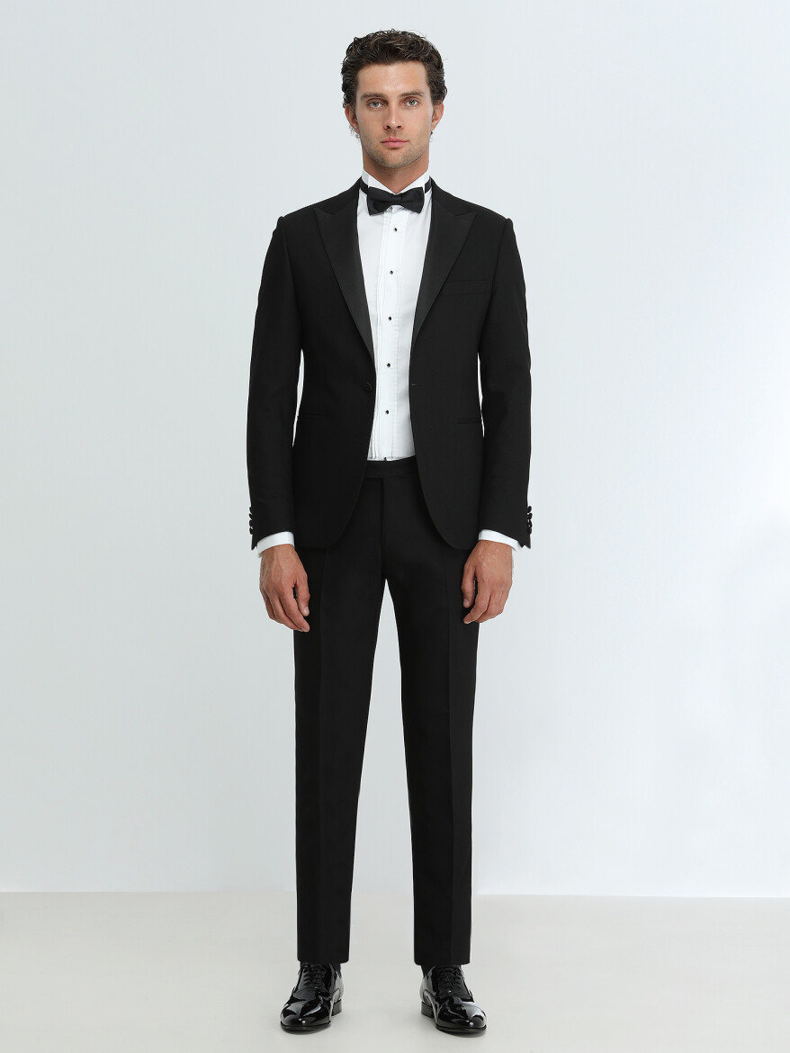 Siyah Düz Slim Fit Kruvaze Yaka Dokuma Smokin Takım Elbise - KİP