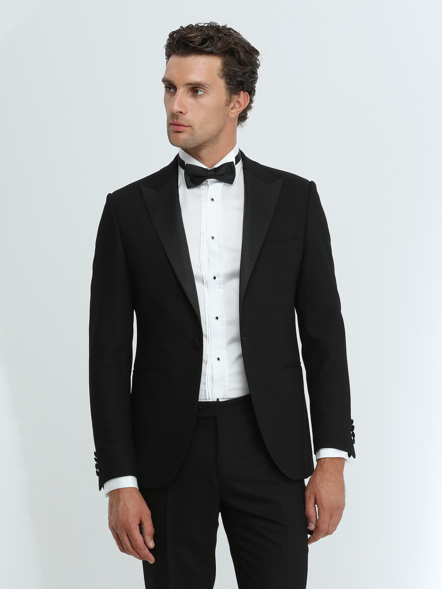 Siyah Düz Slim Fit Kruvaze Yaka Dokuma Smokin Takım Elbise - 4
