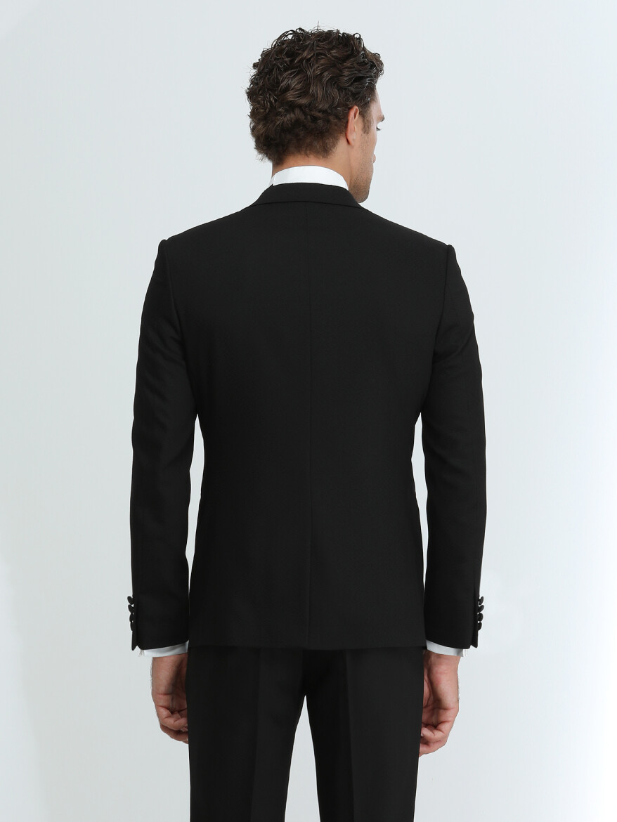 Siyah Düz Slim Fit Kruvaze Yaka Dokuma Smokin Takım Elbise - 5