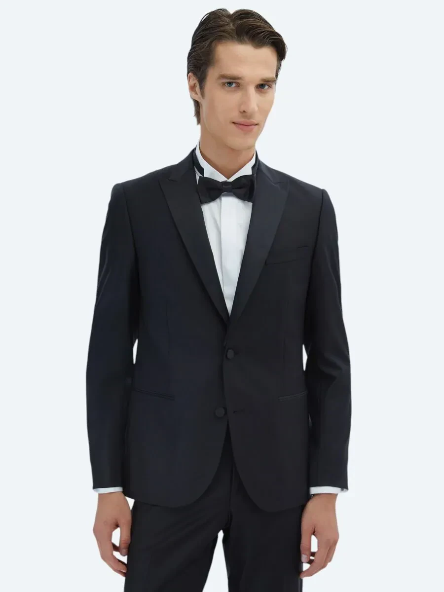 Siyah Düz Slim Fit Kruvaze Yaka Dokuma Smokin Takım Elbise - 1