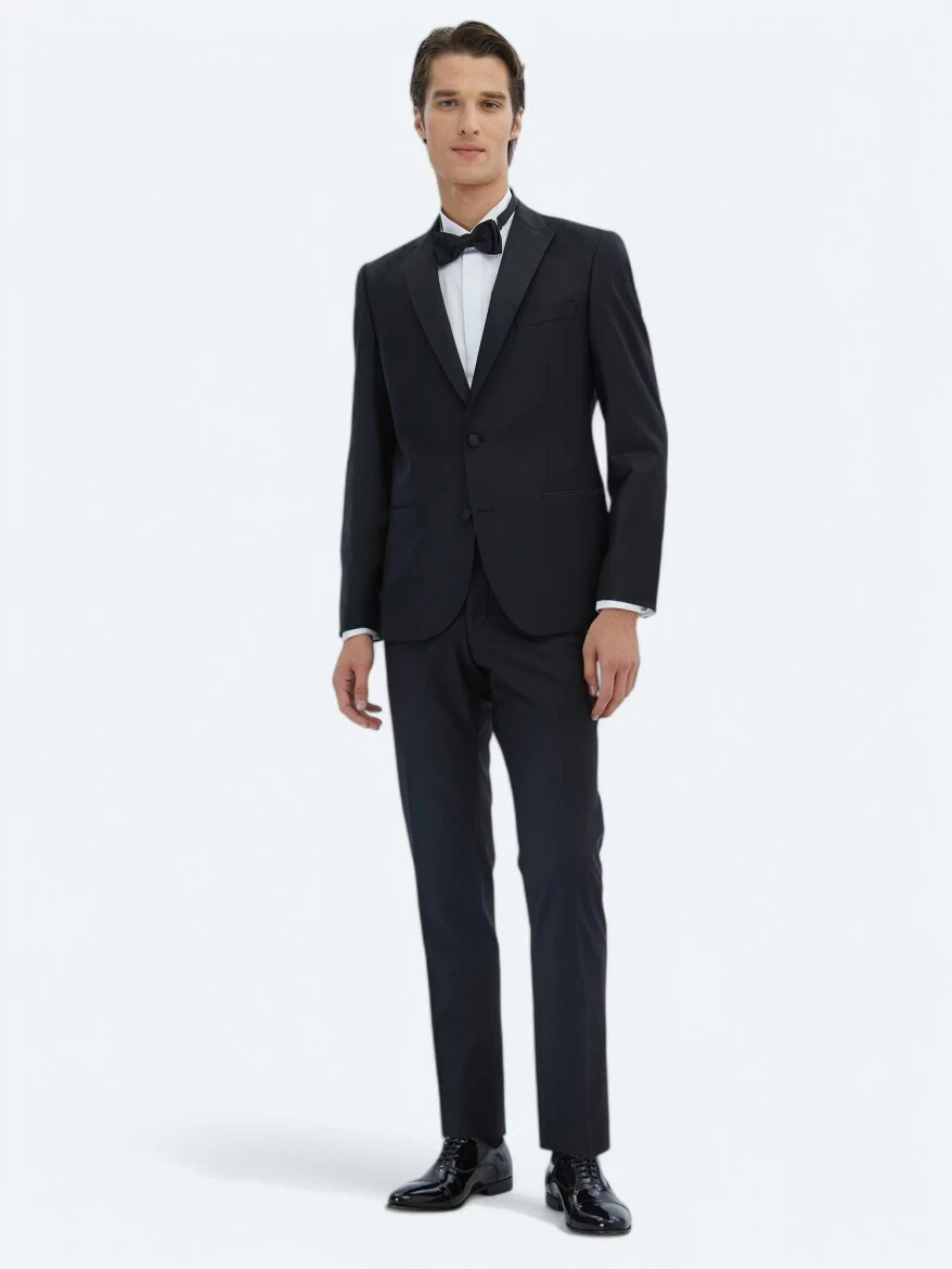 Siyah Düz Slim Fit Kruvaze Yaka Dokuma Smokin Takım Elbise - KİP