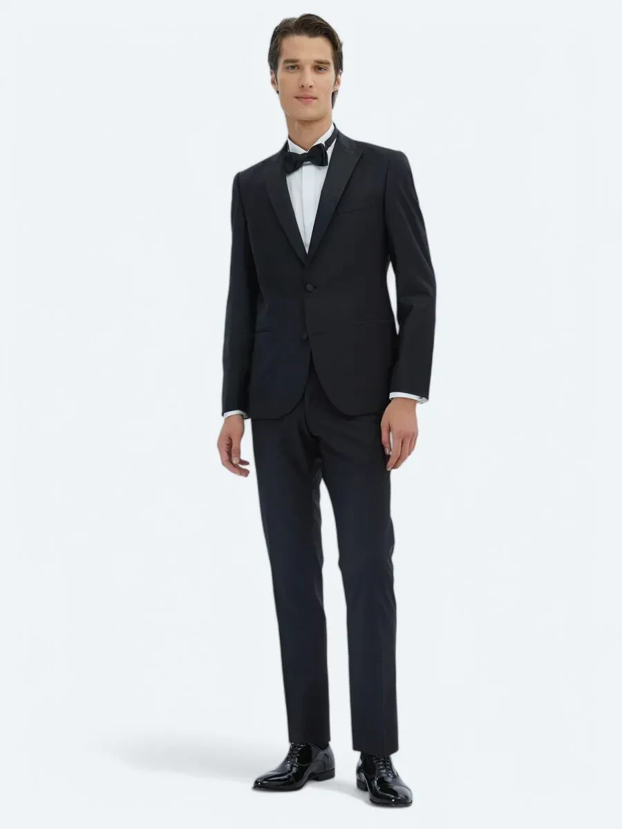 Siyah Düz Slim Fit Kruvaze Yaka Dokuma Smokin Takım Elbise - 2