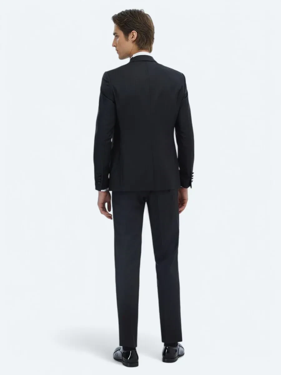 Siyah Düz Slim Fit Kruvaze Yaka Dokuma Smokin Takım Elbise - 5