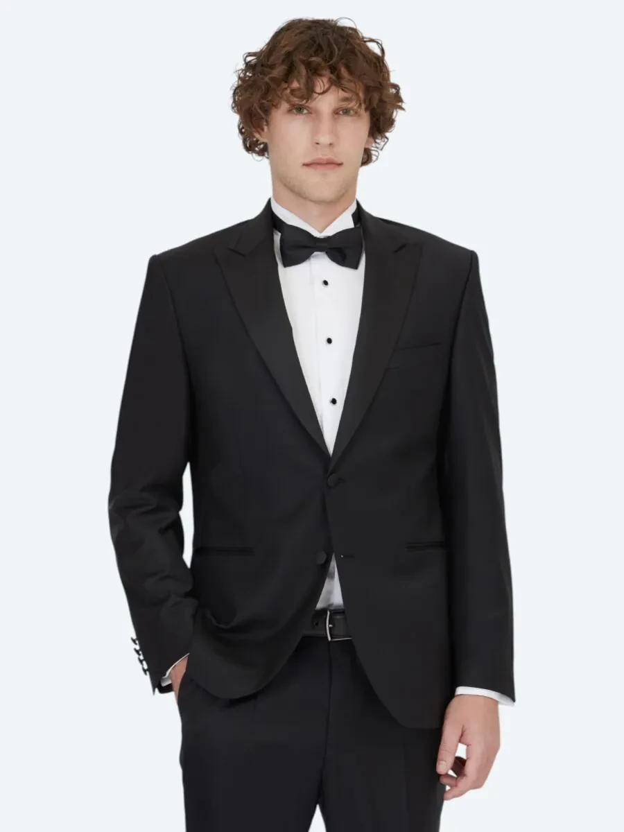 Siyah Düz Slim Fit Kruvaze Yaka Dokuma Smokin Takım Elbise - 1
