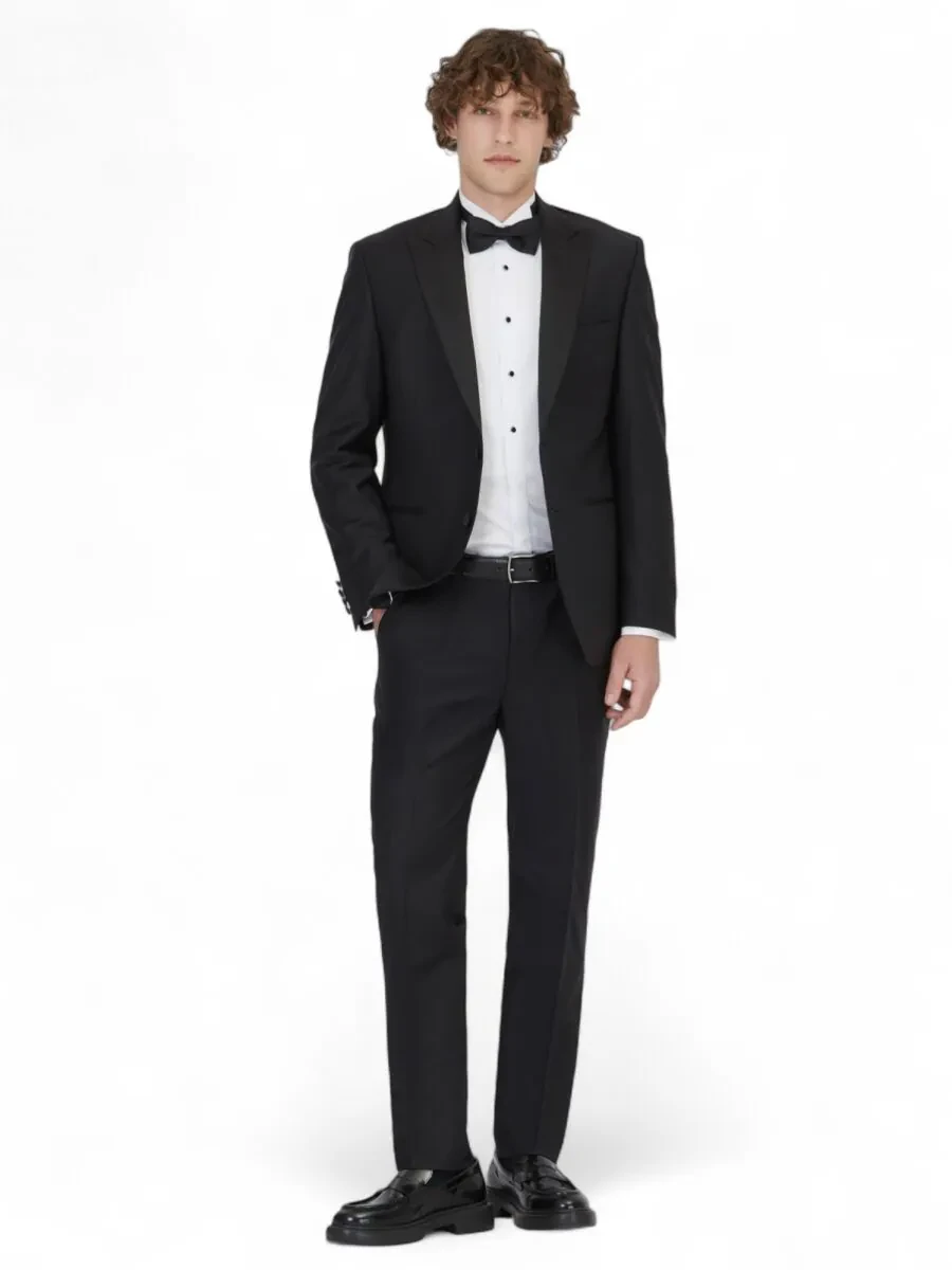 Siyah Düz Slim Fit Kruvaze Yaka Dokuma Smokin Takım Elbise - 2