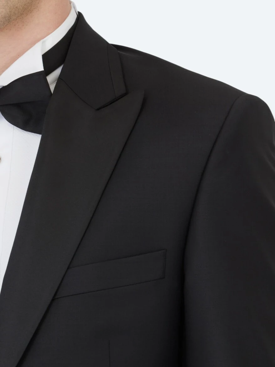 Siyah Düz Slim Fit Kruvaze Yaka Dokuma Smokin Takım Elbise - 4