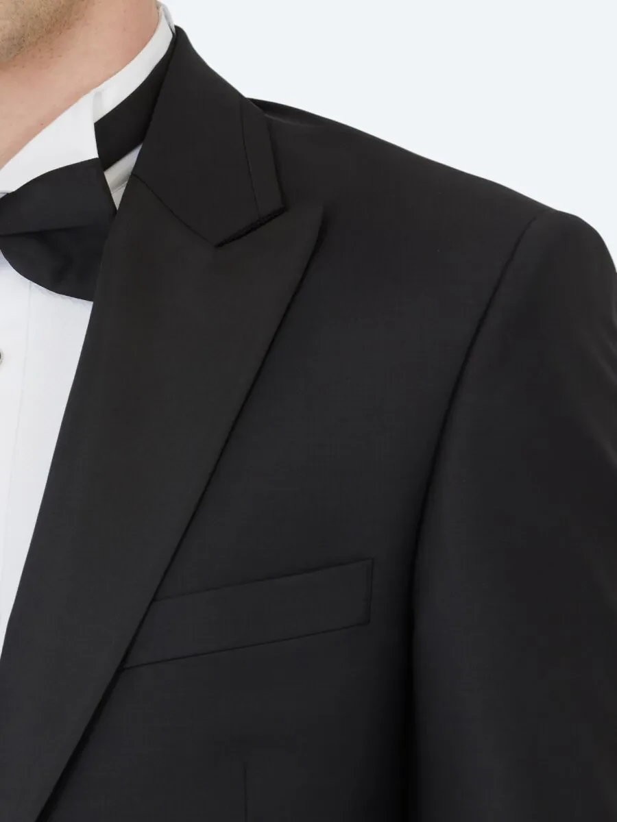 Siyah Düz Slim Fit Kruvaze Yaka Dokuma Smokin Takım Elbise - 4