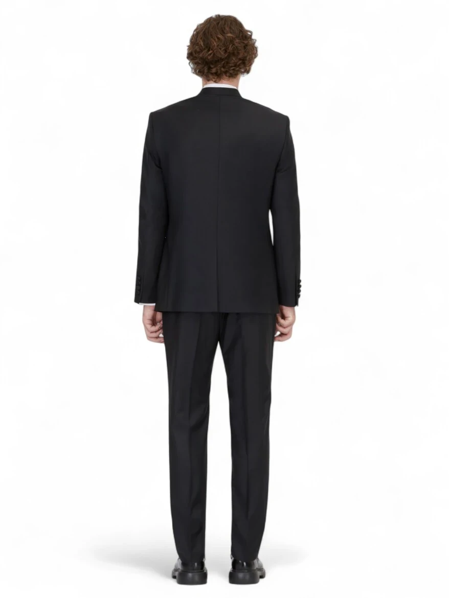 Siyah Düz Slim Fit Kruvaze Yaka Dokuma Smokin Takım Elbise - 5