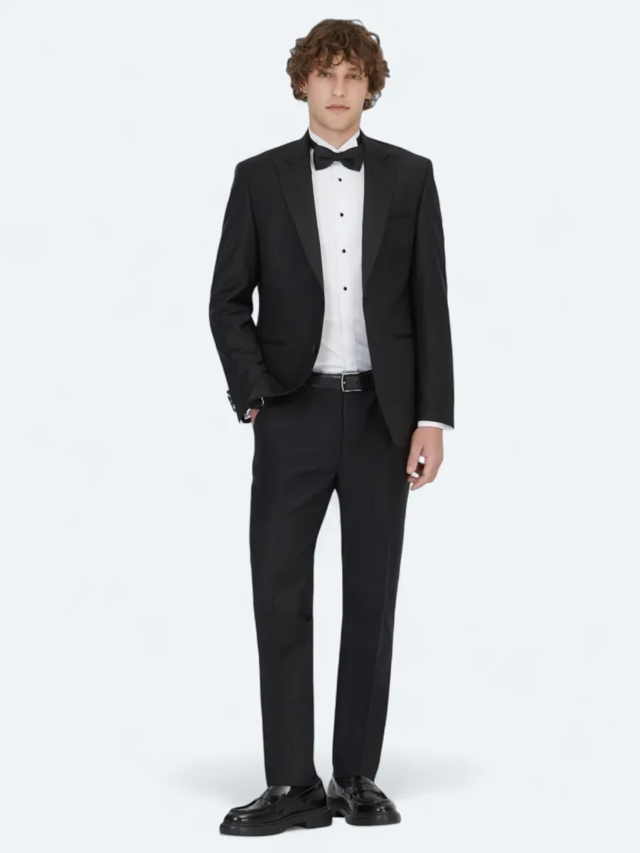 Siyah Düz Slim Fit Kruvaze Yaka Dokuma Smokin Takım Elbise - 2
