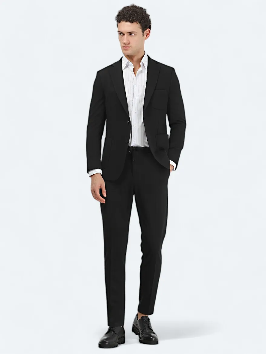Siyah Düz Slim Fit Örme Takım Elbise 
