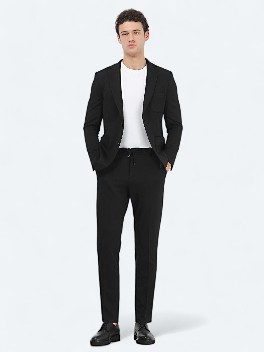Siyah Düz Slim Fit Örme Takım Elbise - 2