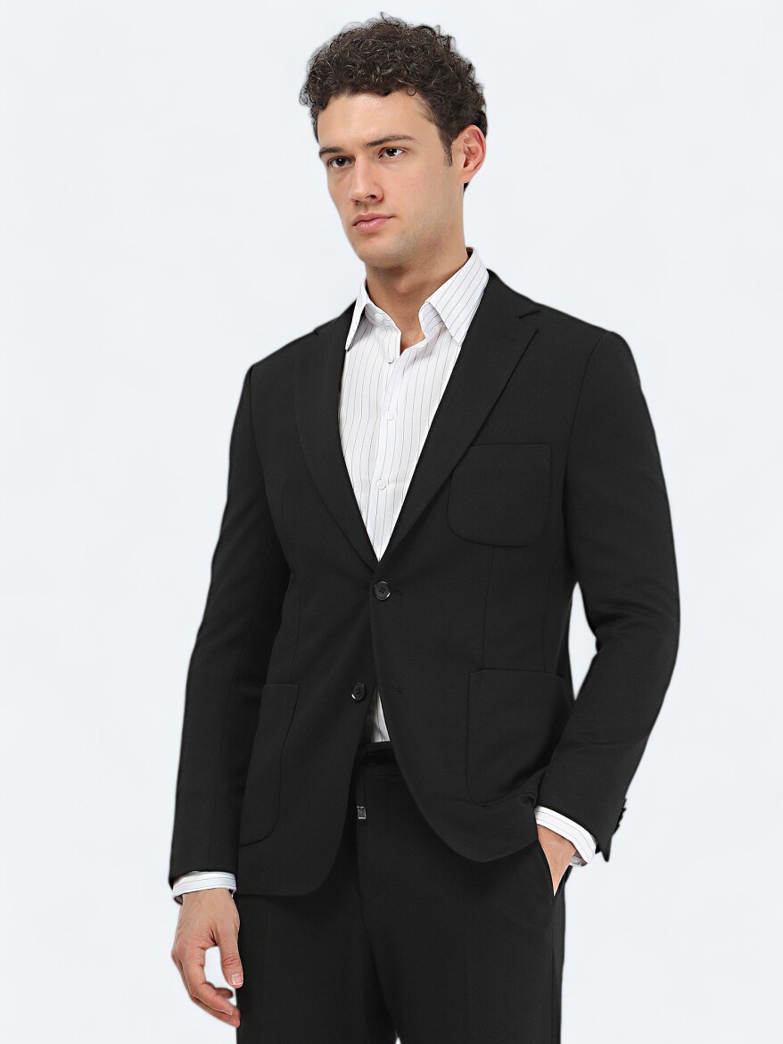 Siyah Düz Slim Fit Örme Takım Elbise - 6