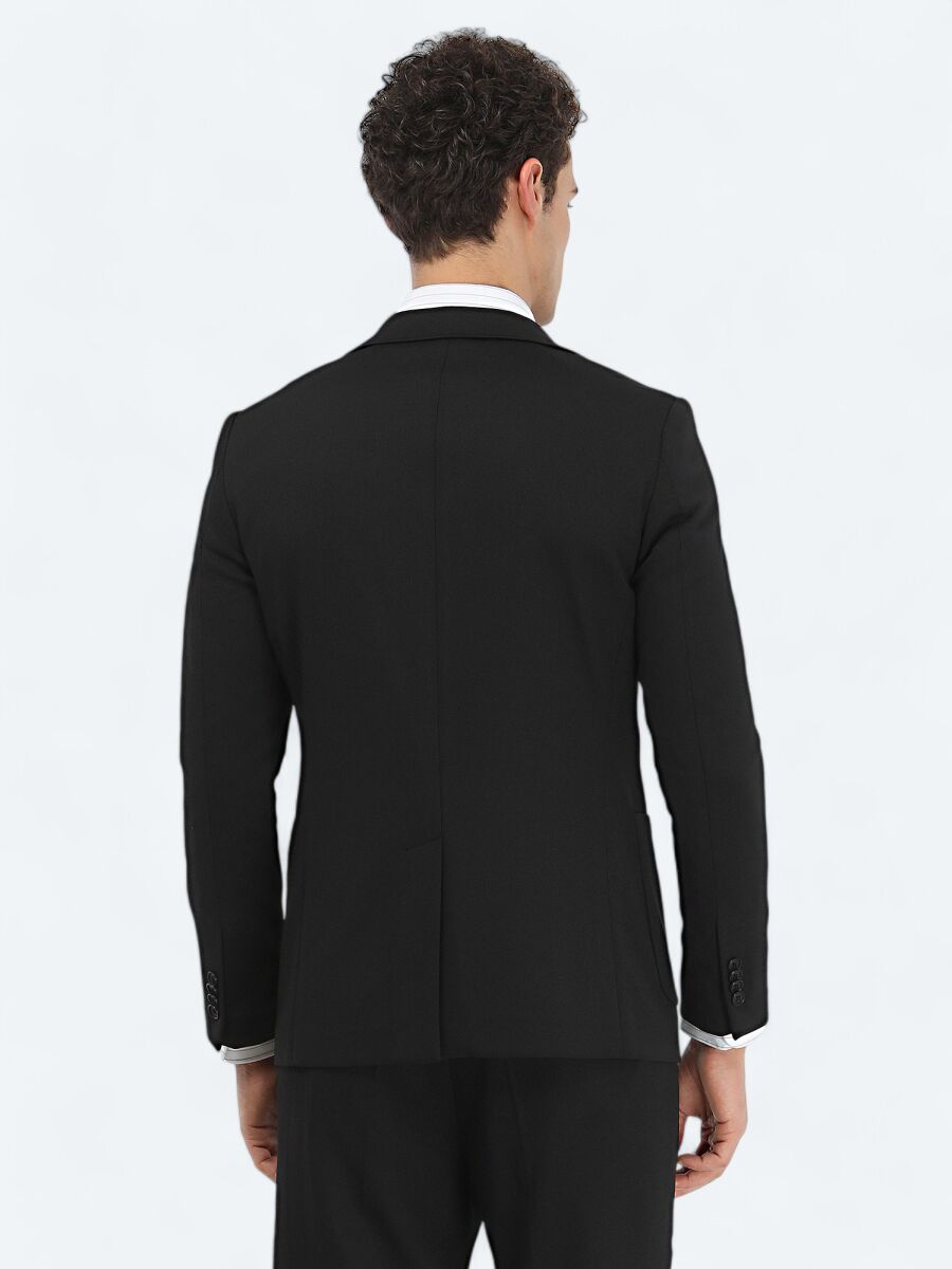 Siyah Düz Slim Fit Örme Takım Elbise - 7