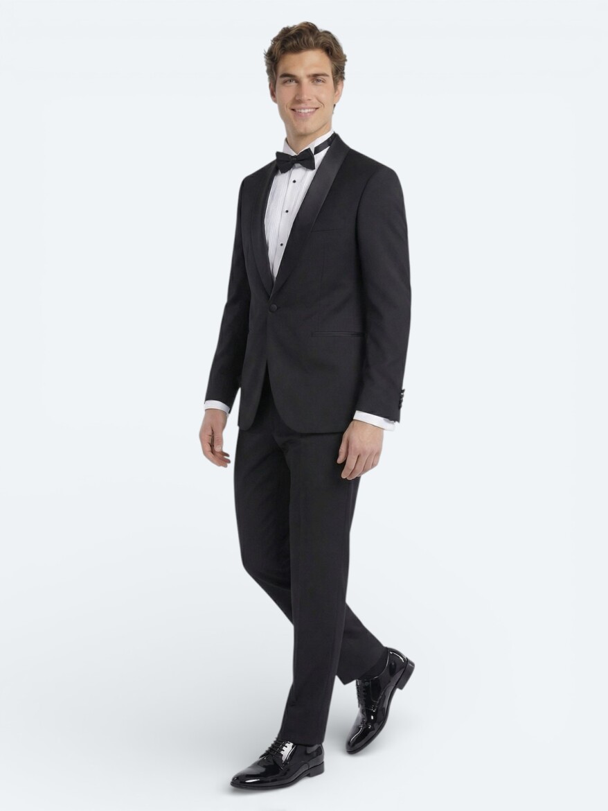 Siyah Düz Slim Fit Şal Yaka Dokuma Smokin Takım Elbise - KİP