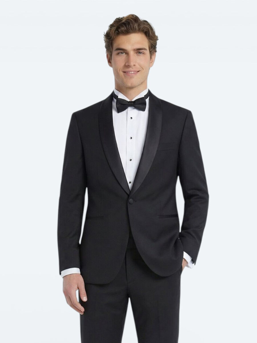 Siyah Düz Slim Fit Şal Yaka Dokuma Smokin Takım Elbise - 3