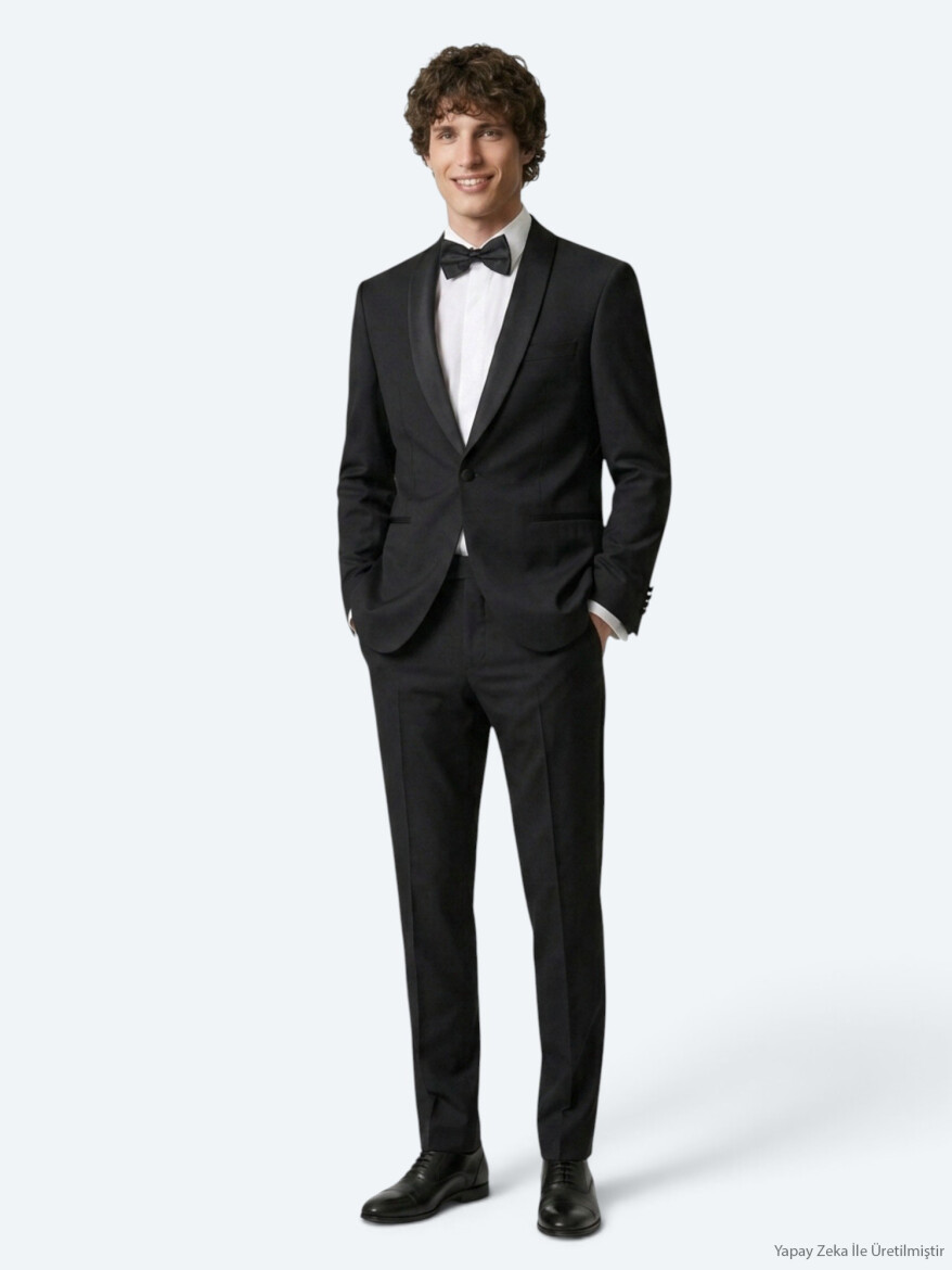 Siyah Düz Slim Fit Şal Yaka Dokuma Smokin Takım Elbise - 4