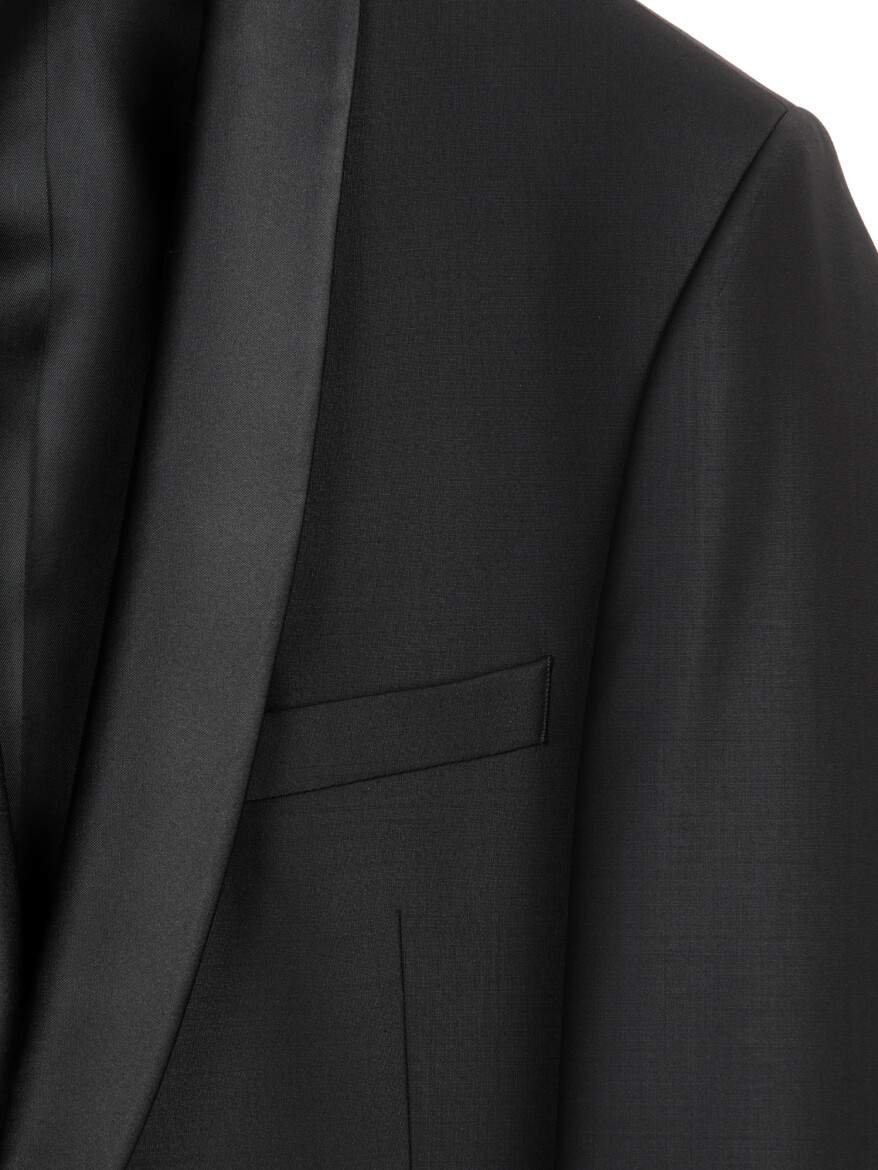 Siyah Düz Slim Fit Şal Yaka Dokuma Smokin Takım Elbise - 8