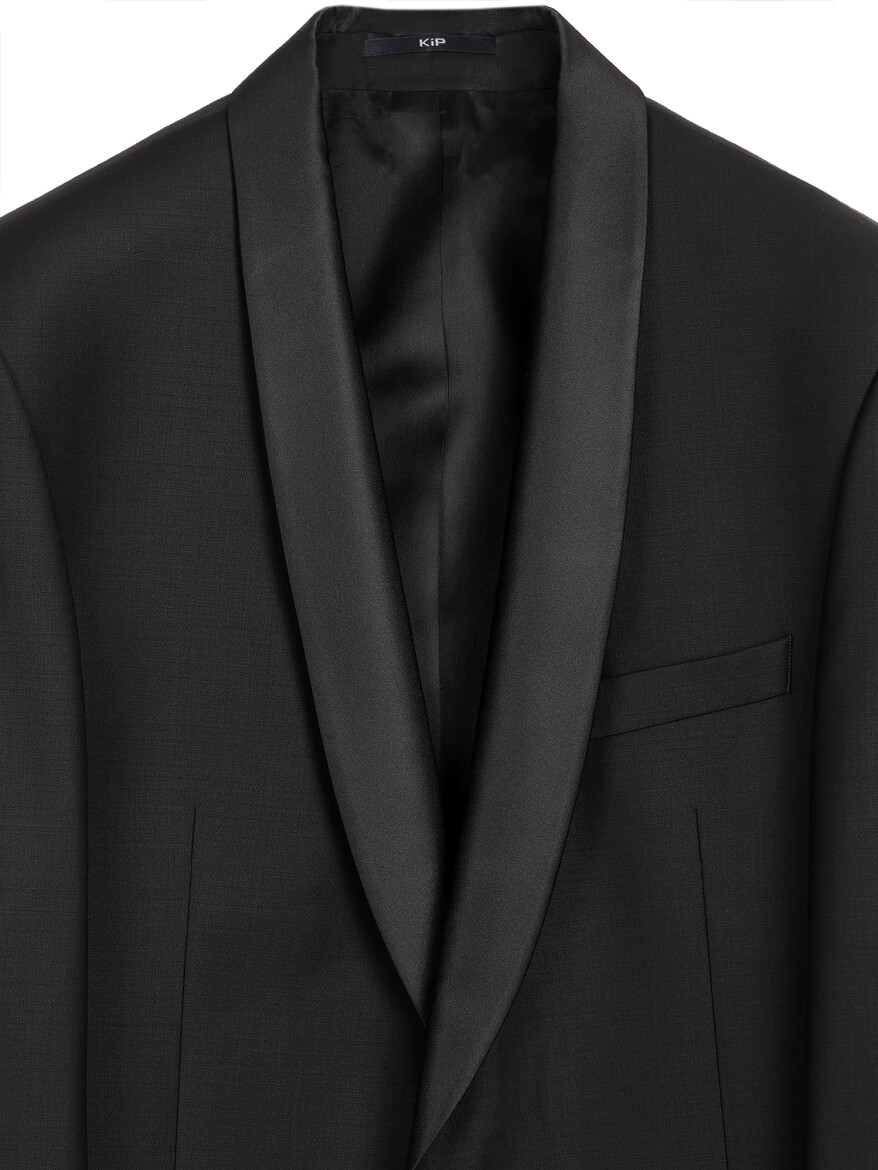 Siyah Düz Slim Fit Şal Yaka Dokuma Smokin Takım Elbise - 10