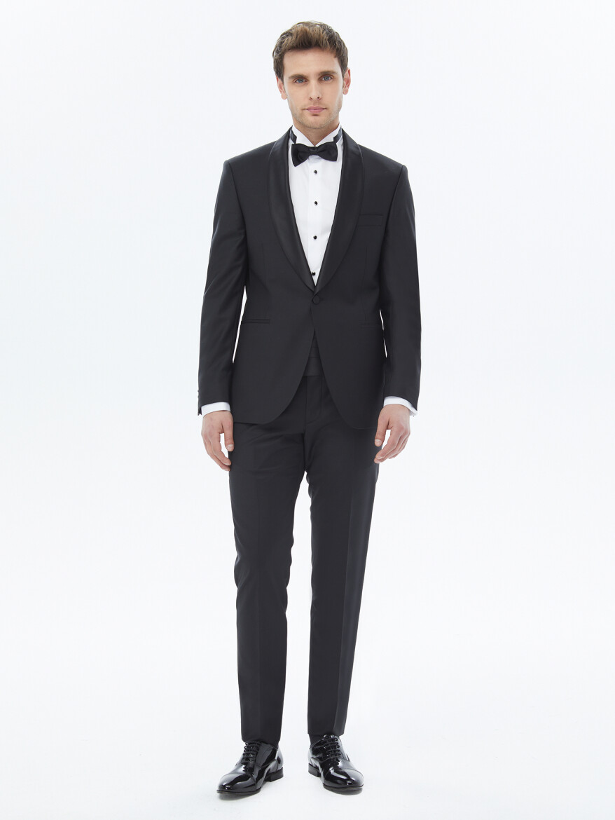Siyah Düz Slim Fit Şal Yaka Dokuma Smokin Takım Elbise - KİP