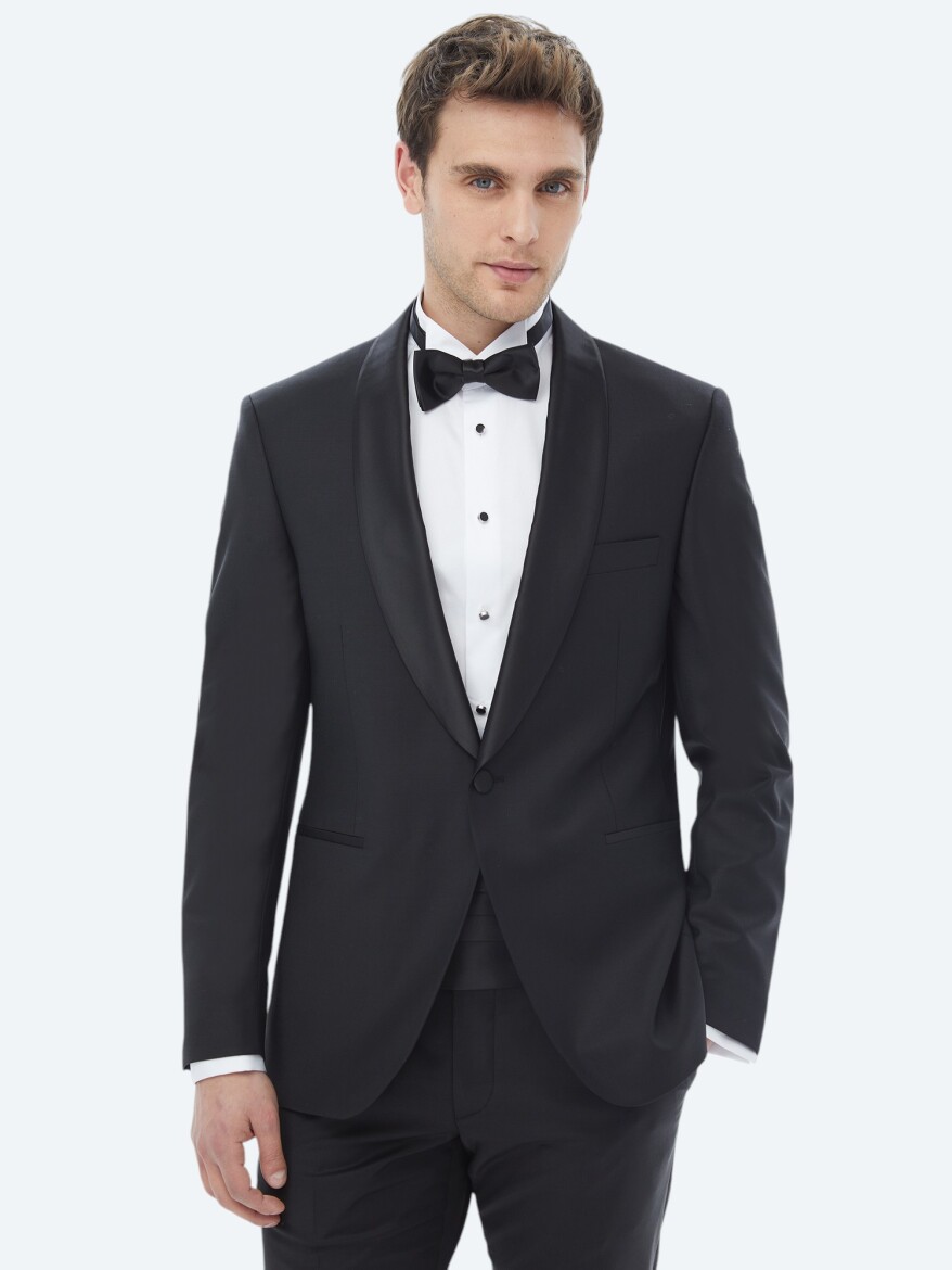Siyah Düz Slim Fit Şal Yaka Dokuma Smokin Takım Elbise - 1