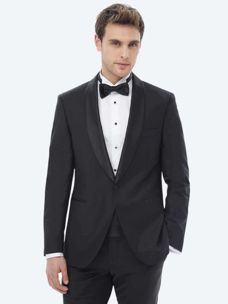 Siyah Düz Slim Fit Şal Yaka Dokuma Smokin Takım Elbise - 1