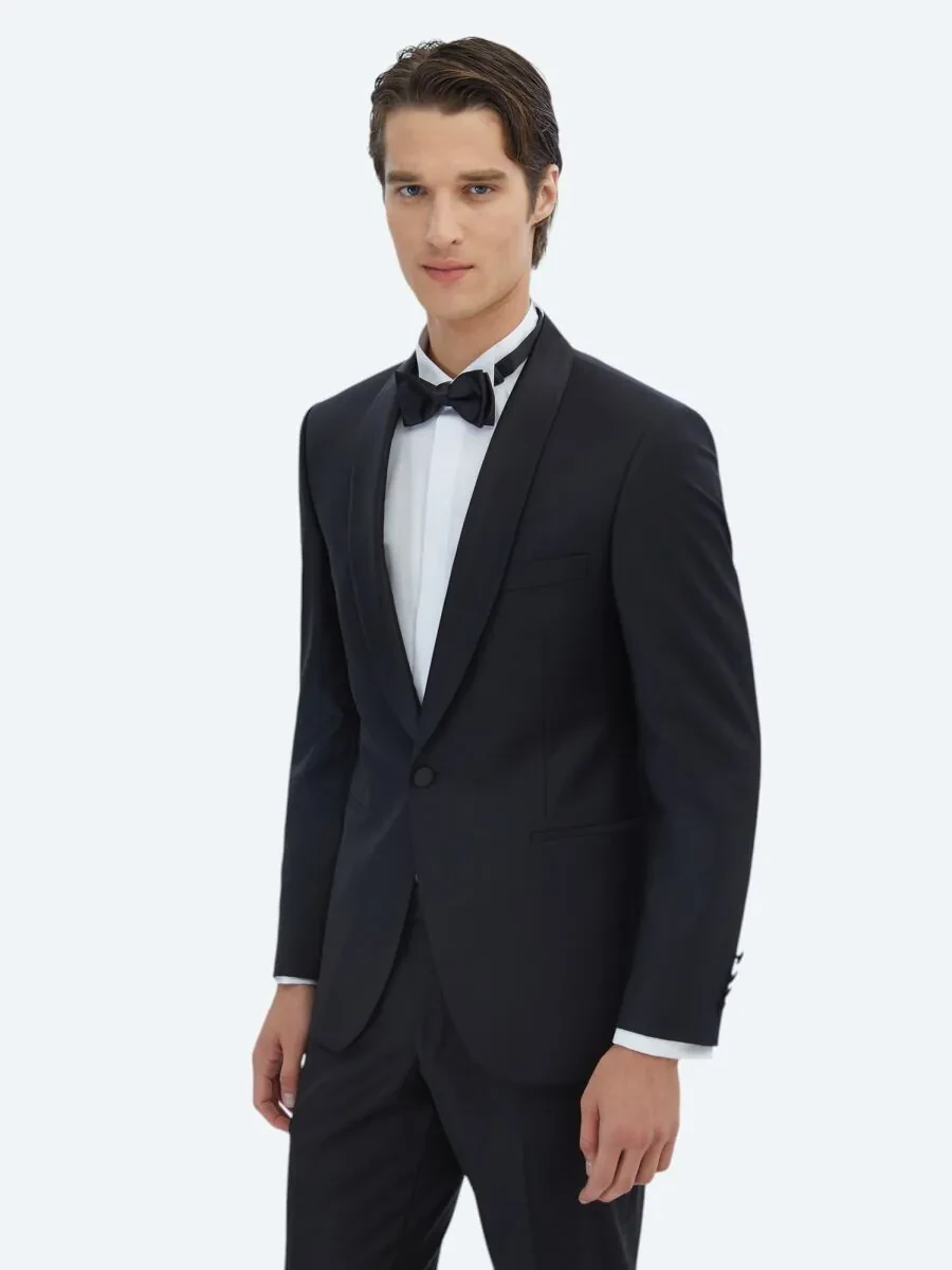Siyah Düz Slim Fit Şal Yaka Dokuma Smokin Takım Elbise - 2