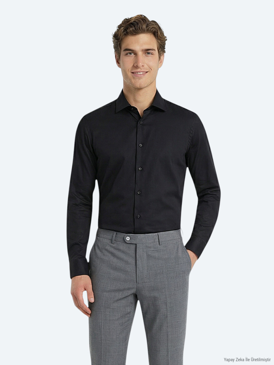 Siyah Düz Slim Fit Uzun Dokuma Klasik %100 Pamuk Gömlek - KİP