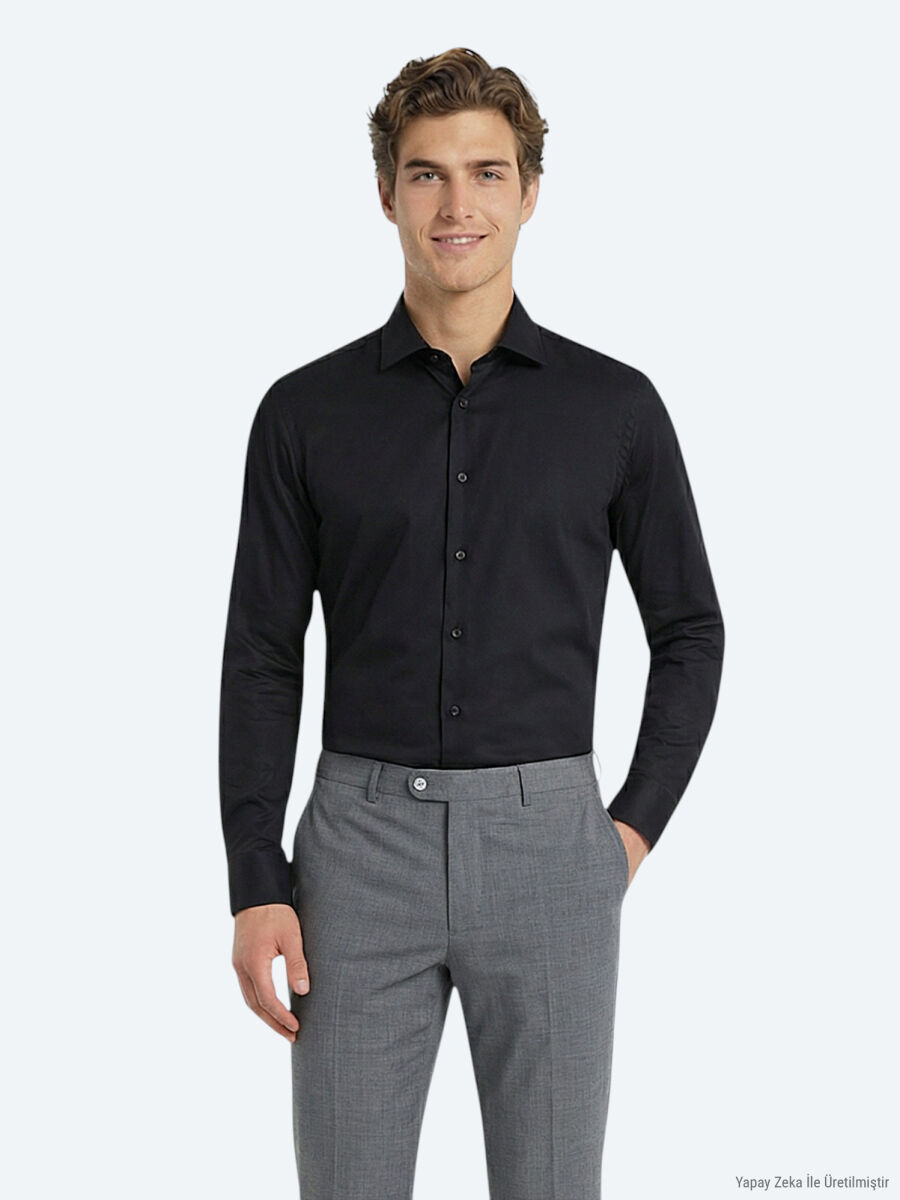 Siyah Düz Slim Fit Uzun Dokuma Klasik %100 Pamuk Gömlek - 1