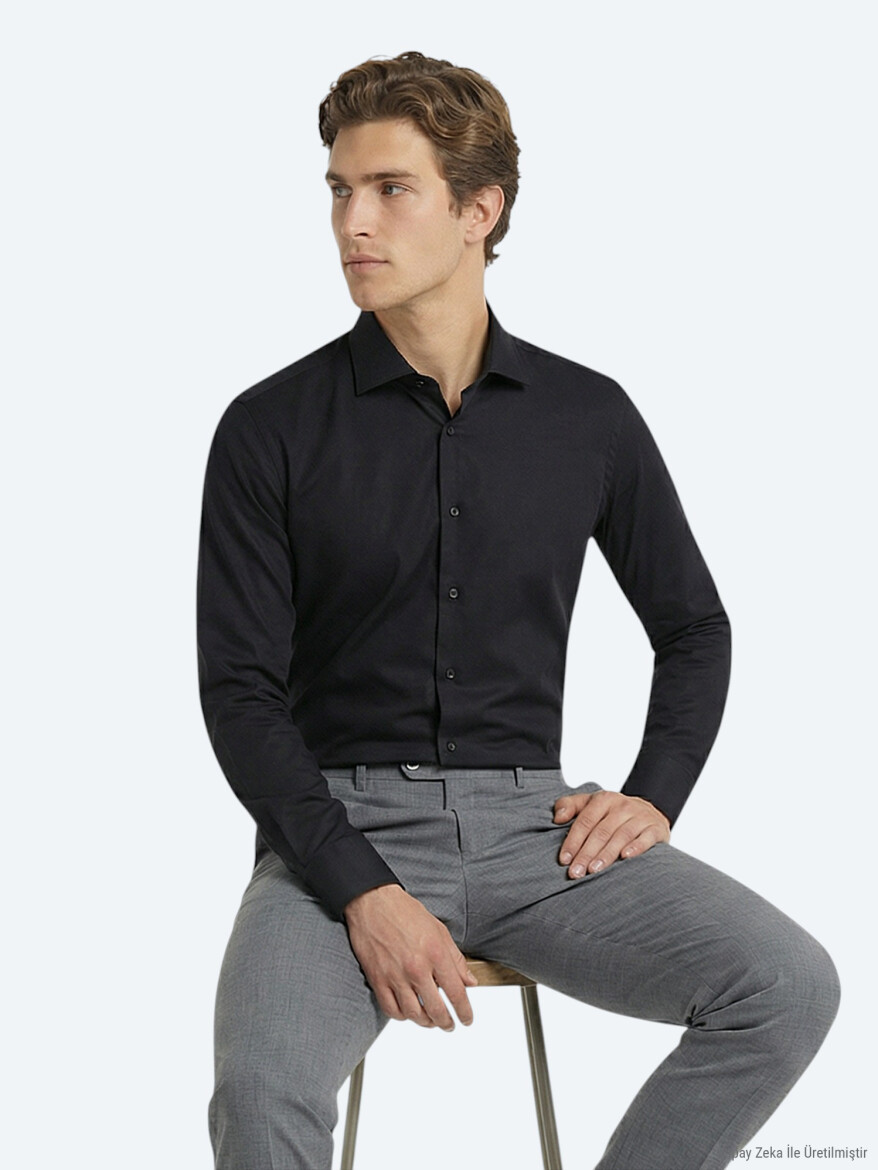 Siyah Düz Slim Fit Uzun Dokuma Klasik %100 Pamuk Gömlek - KİP