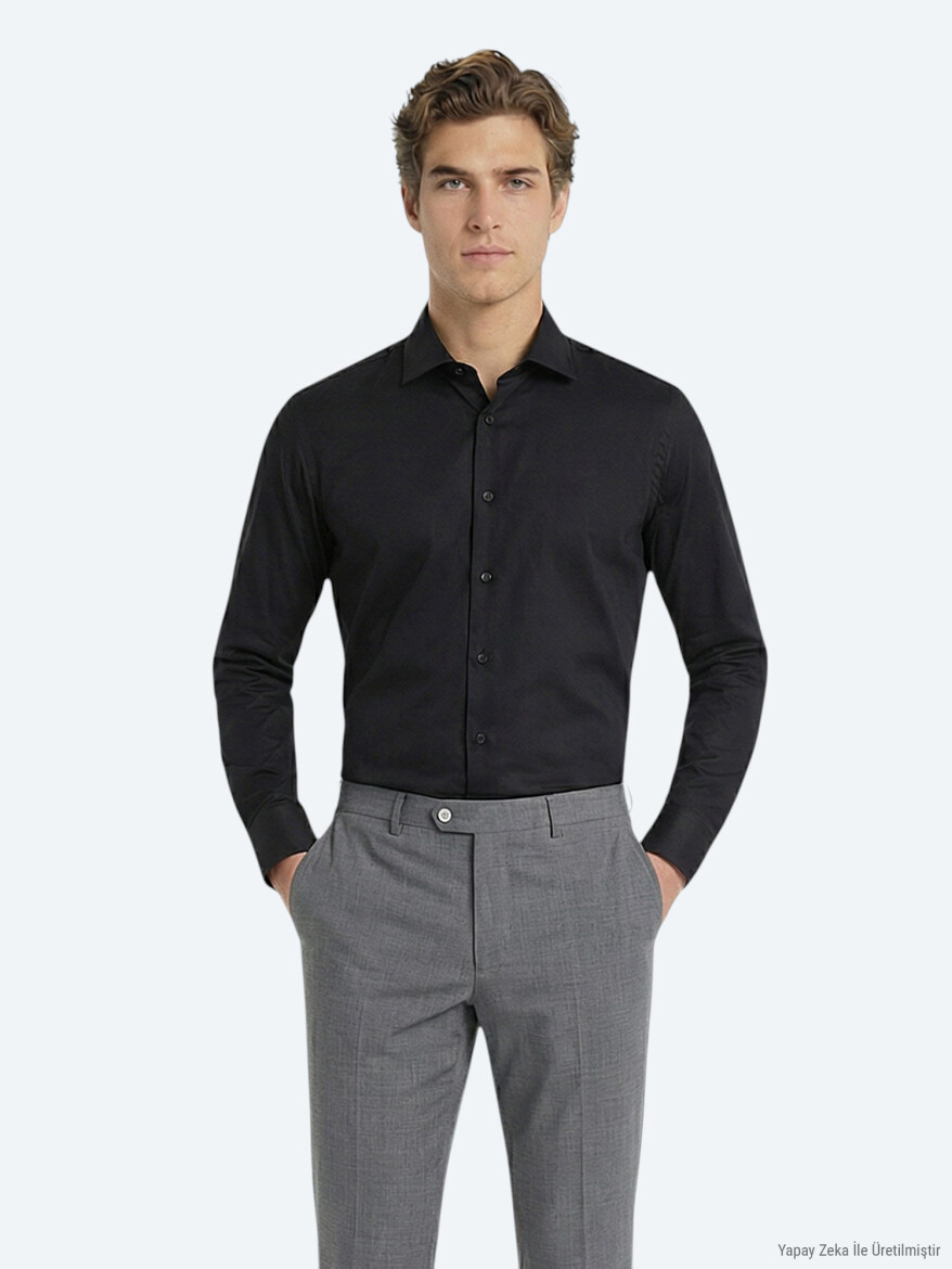 Siyah Düz Slim Fit Uzun Dokuma Klasik %100 Pamuk Gömlek - 3