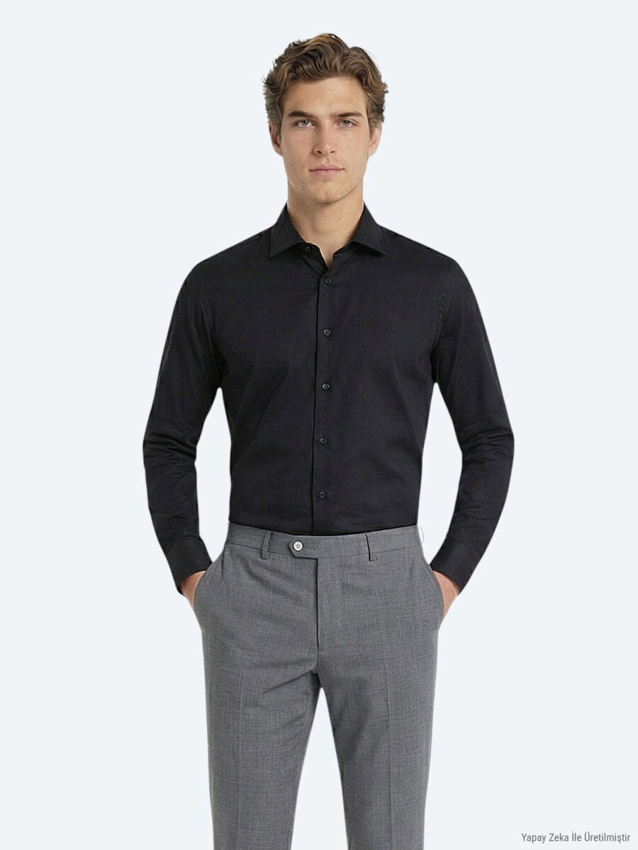 Siyah Düz Slim Fit Uzun Dokuma Klasik %100 Pamuk Gömlek - 3