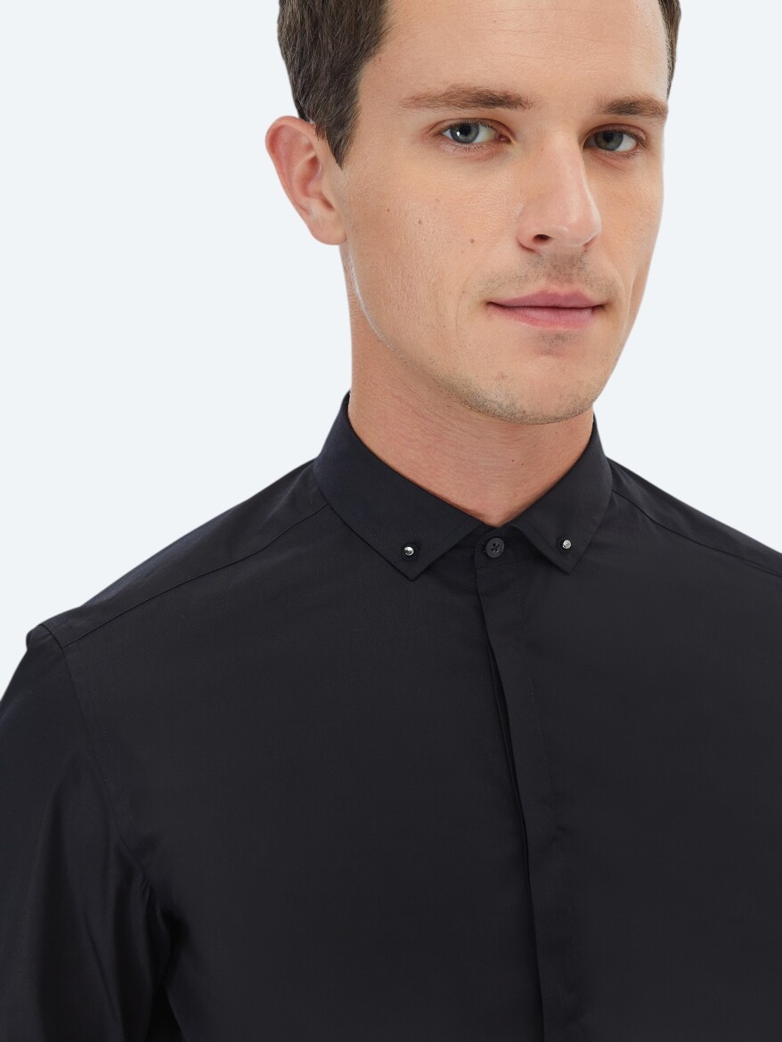 Siyah Düz Slim Fit Uzun Dokuma Klasik %100 Pamuk Gömlek - 3