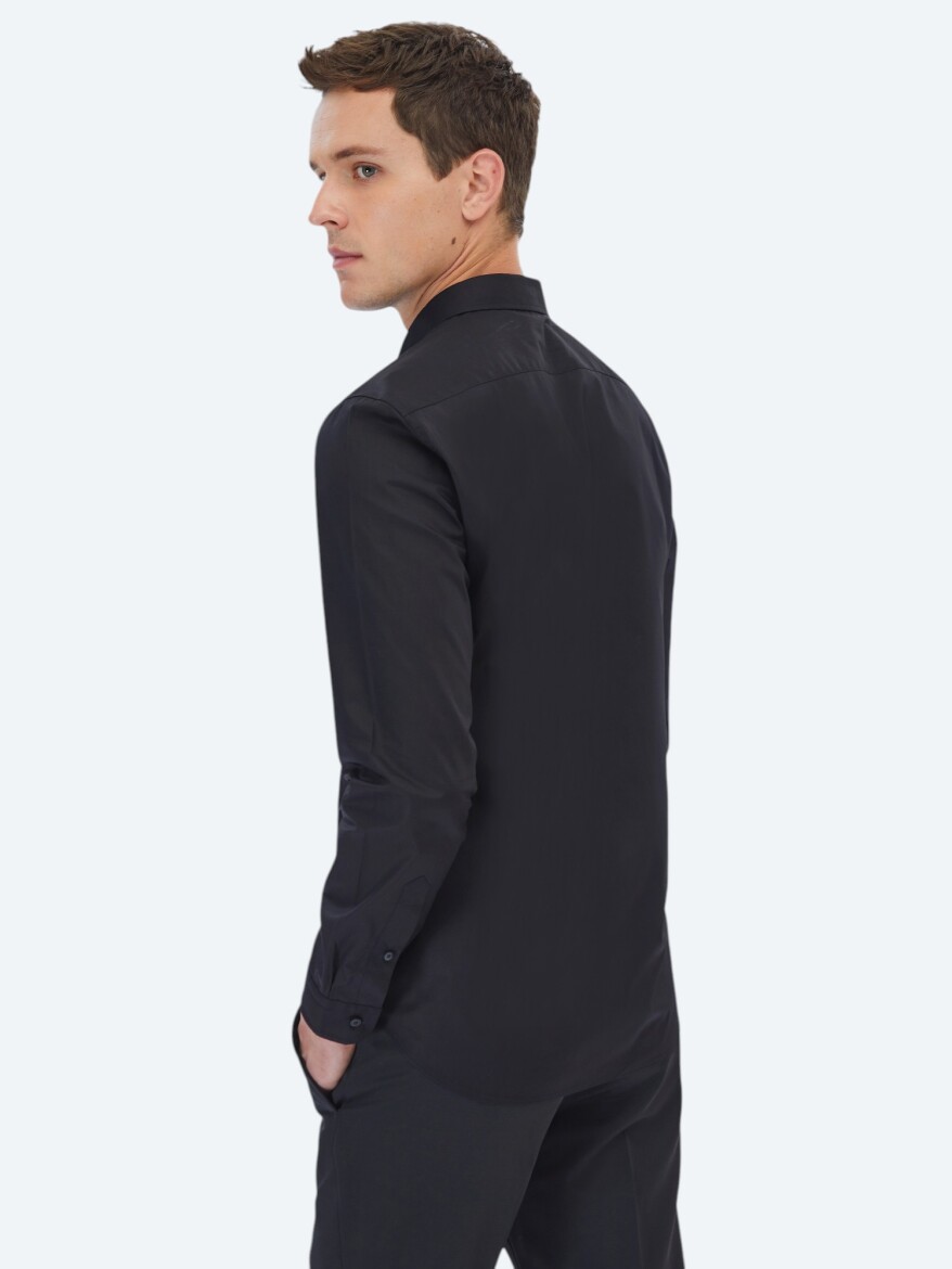 Siyah Düz Slim Fit Uzun Dokuma Klasik %100 Pamuk Gömlek - 5