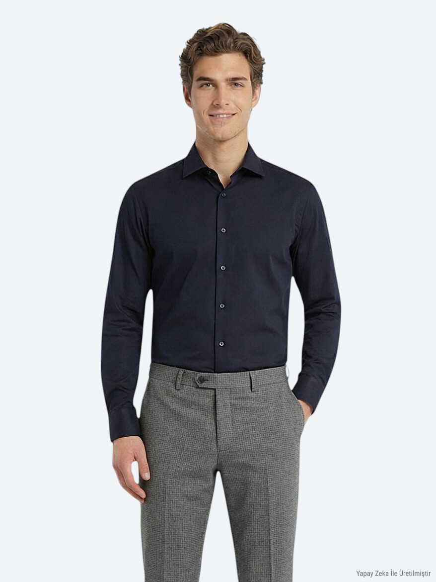 Siyah Düz Slim Fit Uzun Dokuma Klasik %100 Pamuk Gömlek - KİP