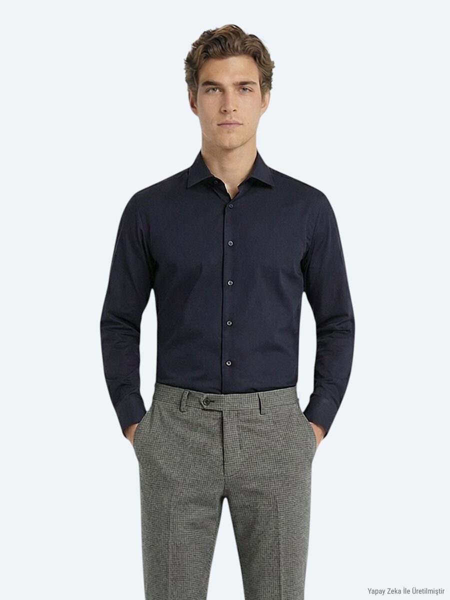 Siyah Düz Slim Fit Uzun Dokuma Klasik %100 Pamuk Gömlek - 3