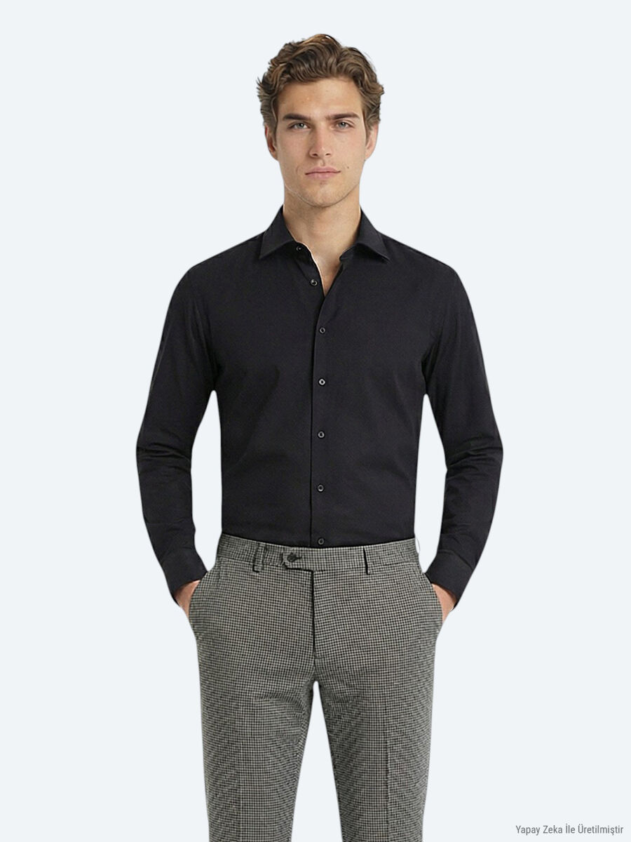 Siyah Düz Slim Fit Uzun Dokuma Klasik Pamuk Karışımlı Gömlek - 3