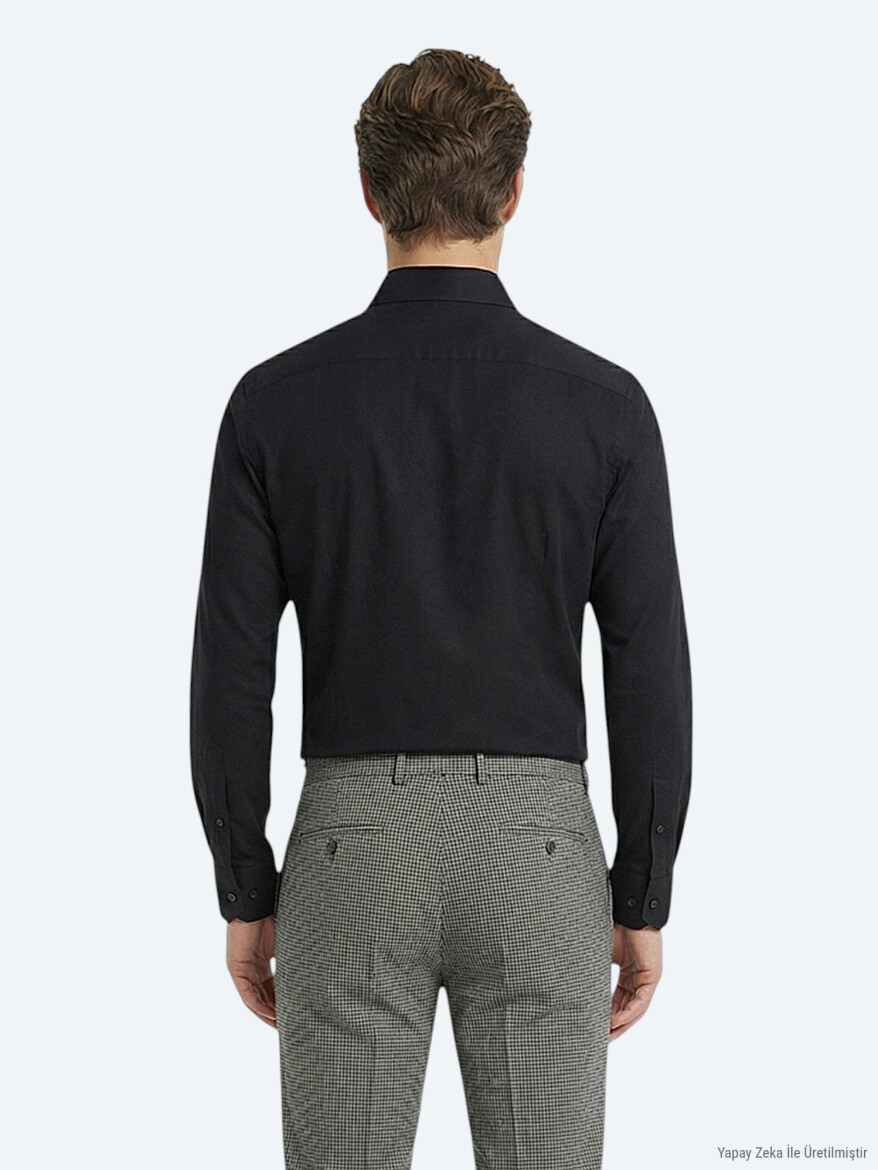 Siyah Düz Slim Fit Uzun Dokuma Klasik Pamuk Karışımlı Gömlek - 4