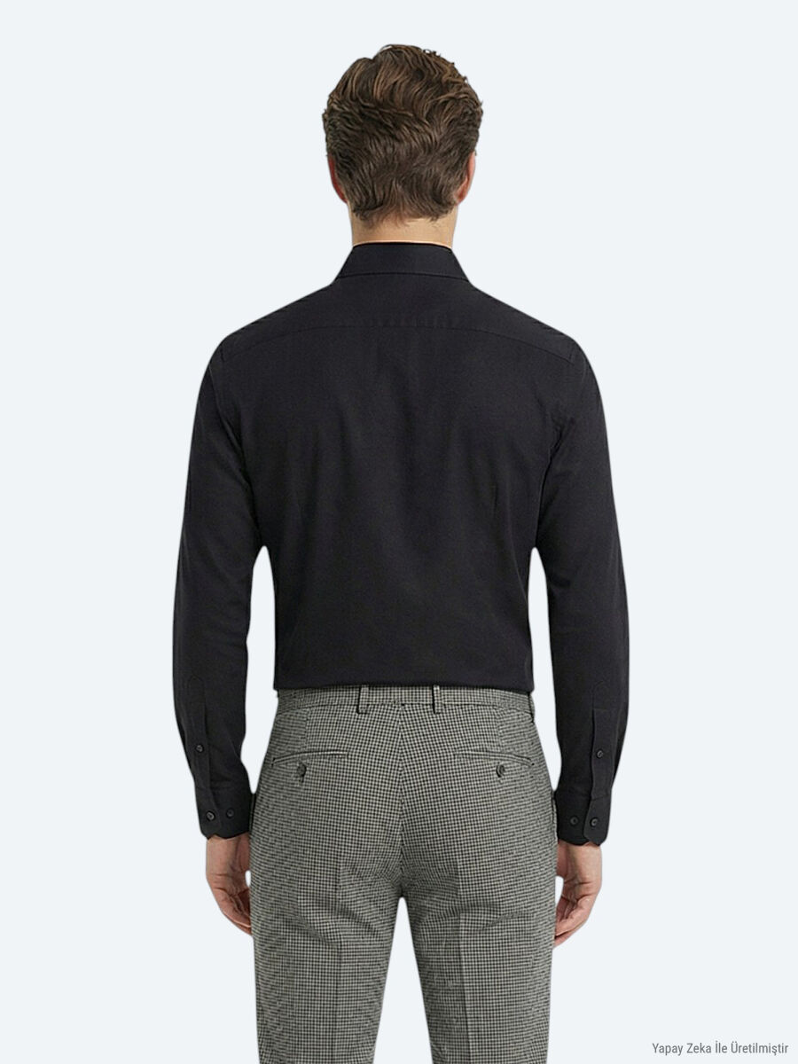 Siyah Düz Slim Fit Uzun Dokuma Klasik Pamuk Karışımlı Gömlek - 4