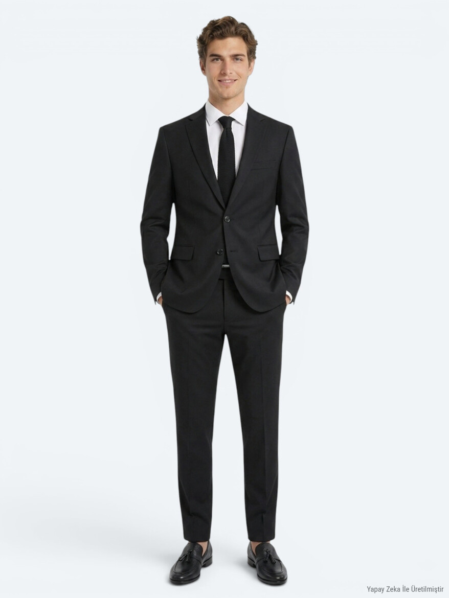 Siyah Düz Slim Fit Yün Karışımlı Takım Elbise - 1