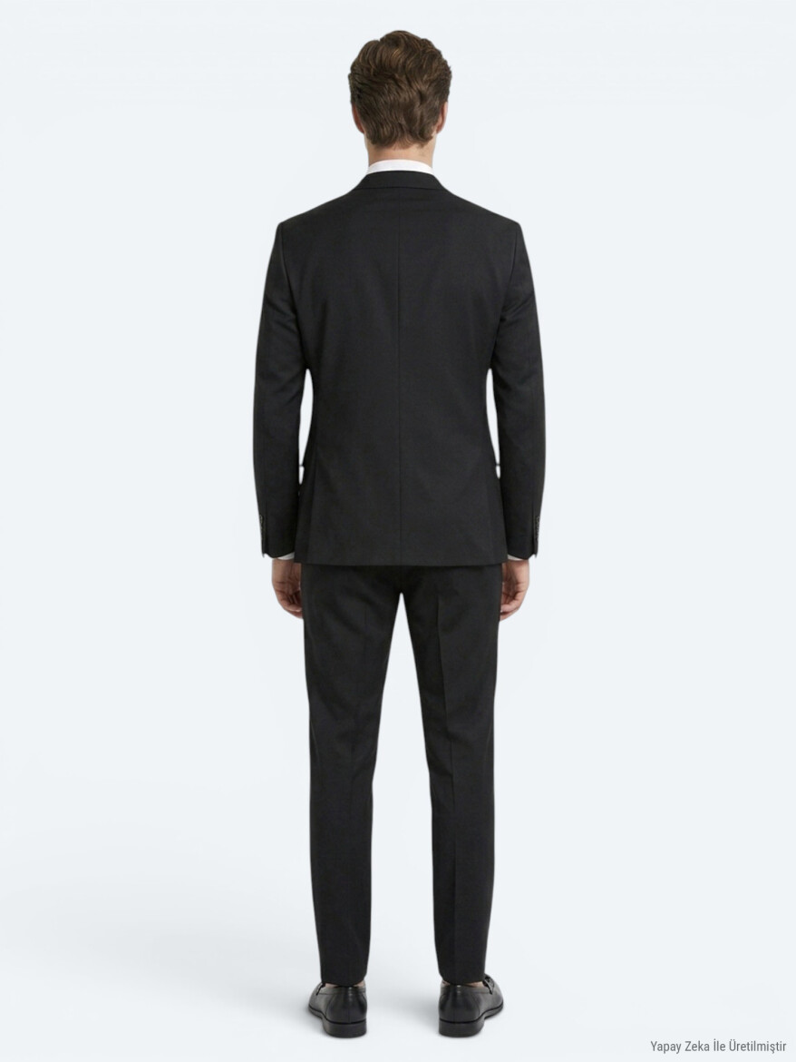 Siyah Düz Slim Fit Yün Karışımlı Takım Elbise - 5