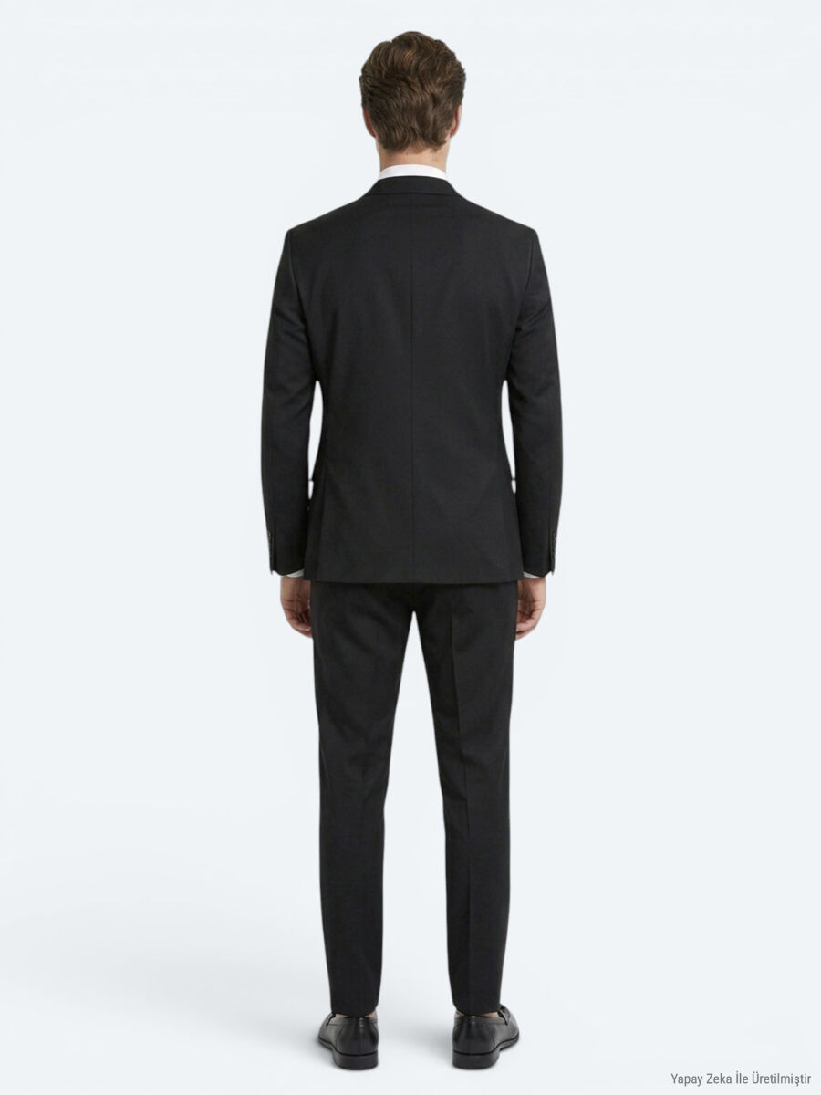Siyah Düz Slim Fit Yün Karışımlı Takım Elbise - 5