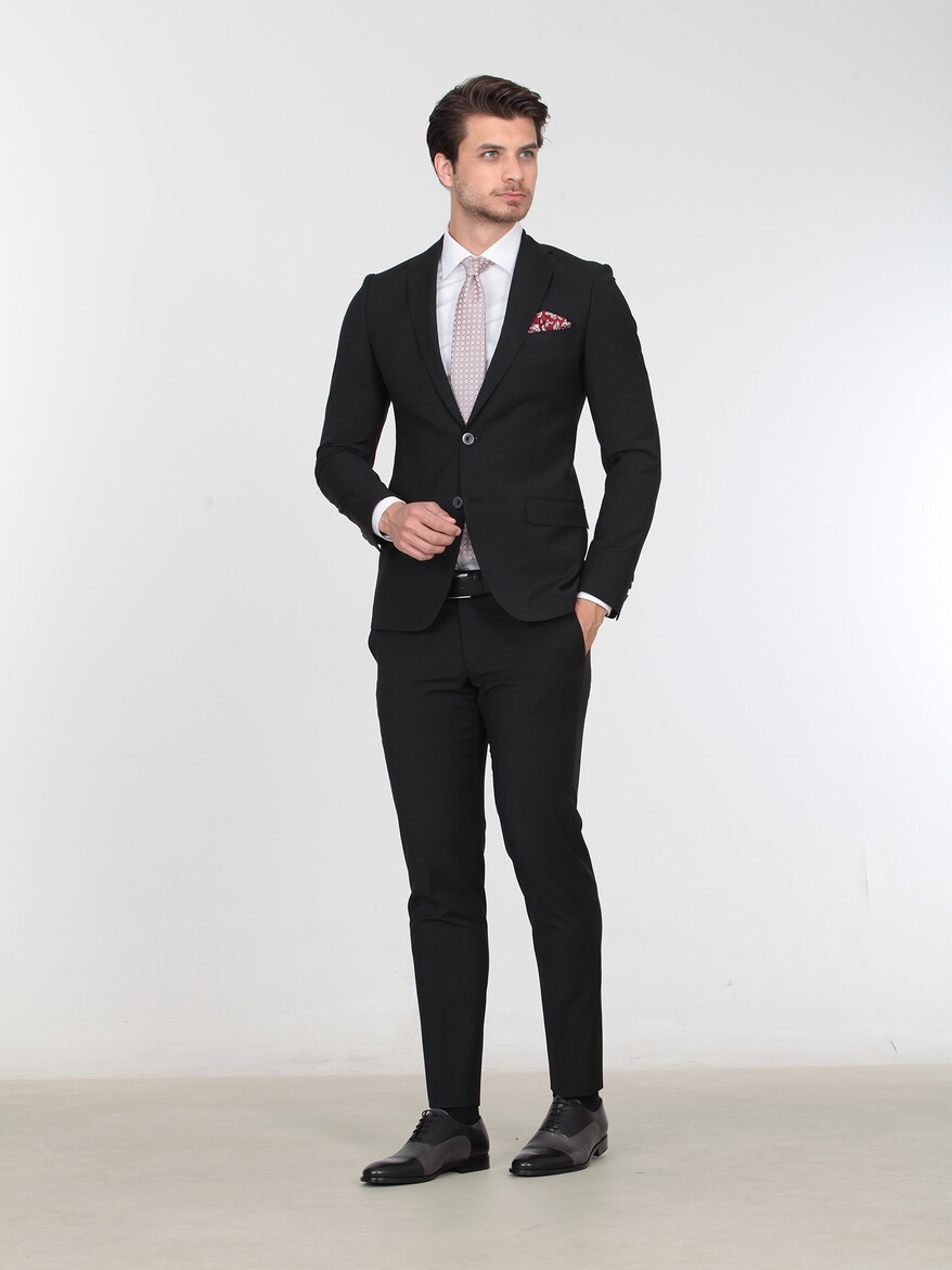 Siyah Düz Slim Fit Yün Karışımlı Takım Elbise - 2