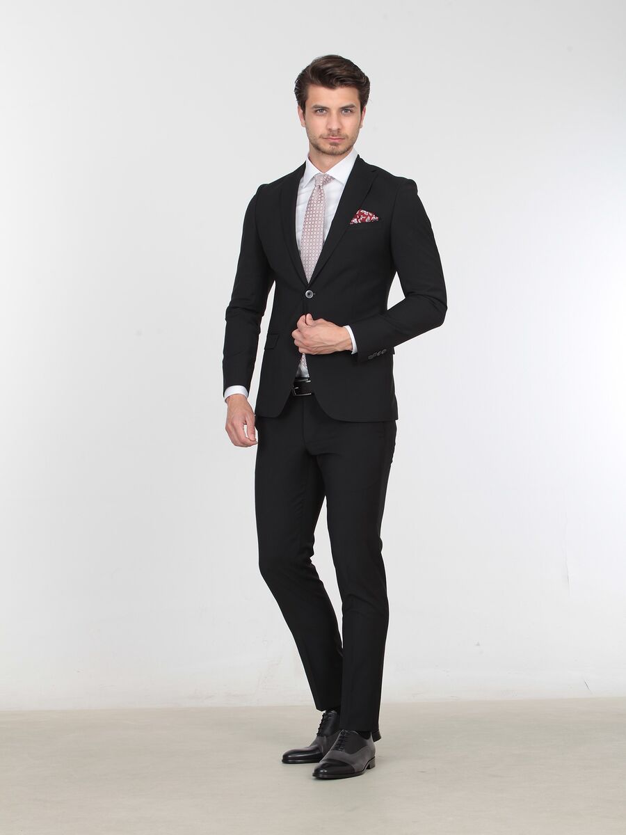 Siyah Düz Slim Fit Yün Karışımlı Takım Elbise - 3