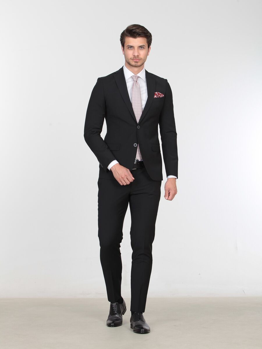 Siyah Düz Slim Fit Yün Karışımlı Takım Elbise - 4