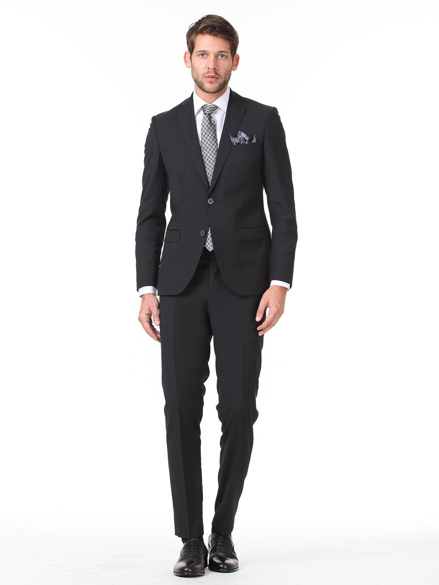 Siyah Düz Slim Fit Yün Karışımlı Takım Elbise - 3