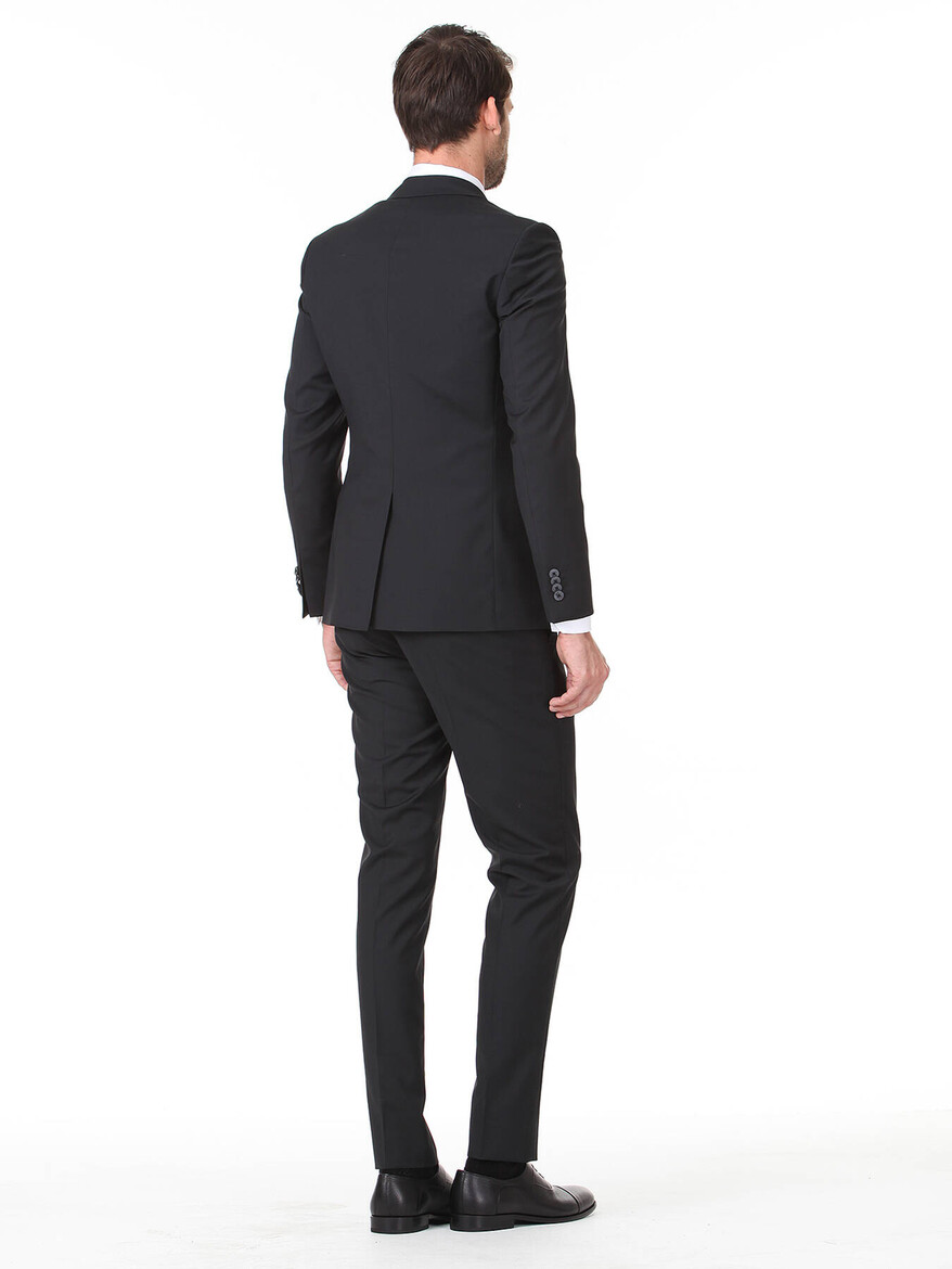 Siyah Düz Slim Fit Yün Karışımlı Takım Elbise - 4