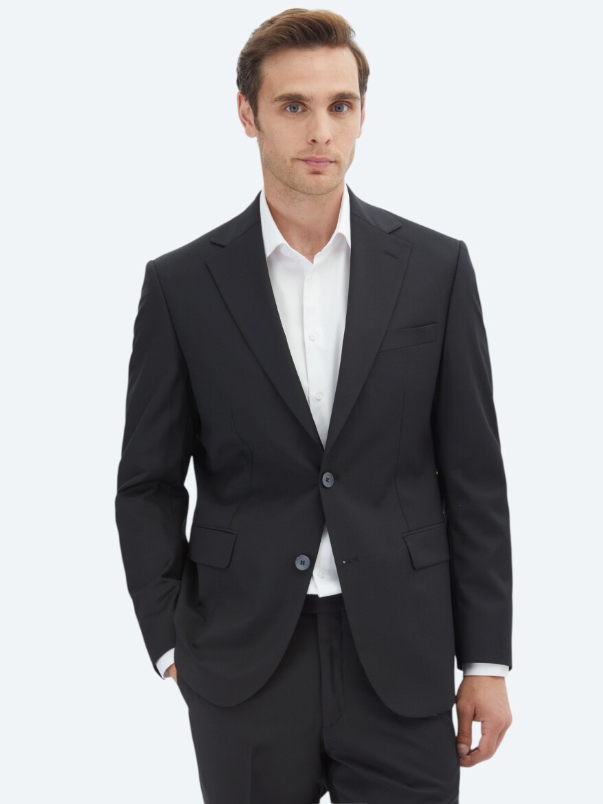 Siyah Düz Slim Fit Yün Karışımlı Takım Elbise - 1